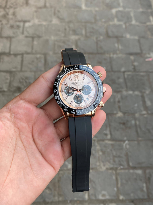 Rose Gold Dial Black Case Silicon Strap Stylish Watch For Men