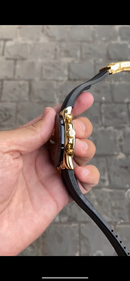 Gold Dial Black Case Silicon Strap Stylish Watch For Men