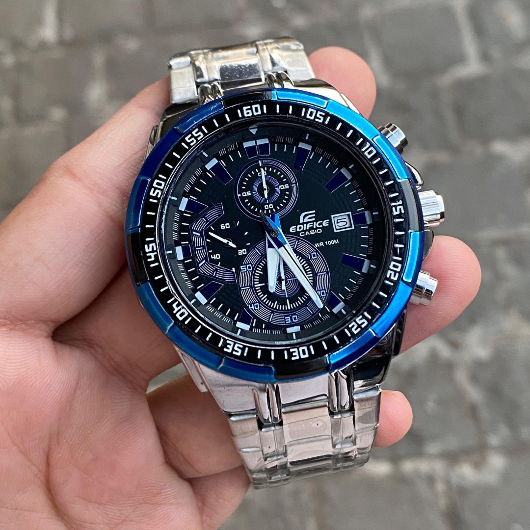 Black And Blue Silver Belt Chrionograph Analog Watch For Men