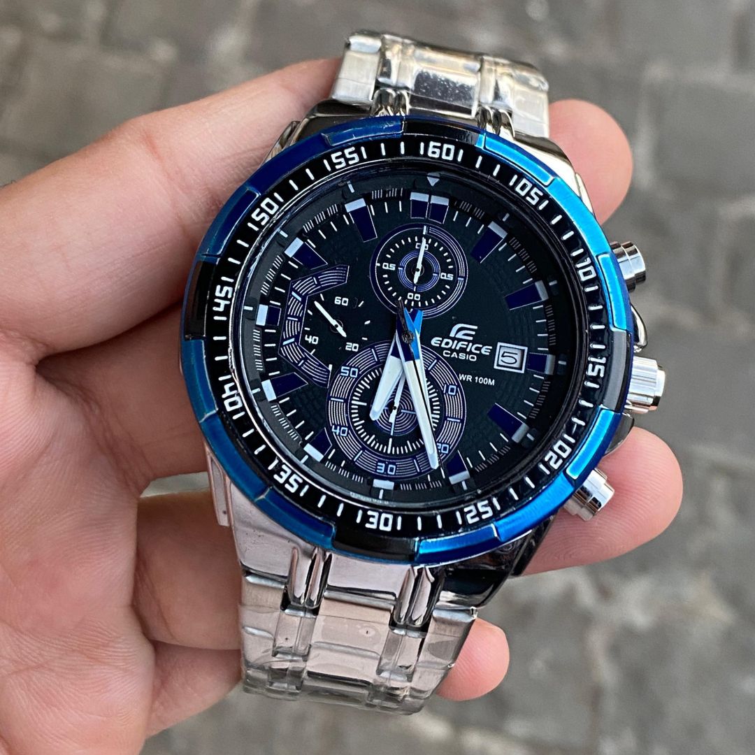 Black And Blue Silver Belt Chrionograph Analog Watch For Men