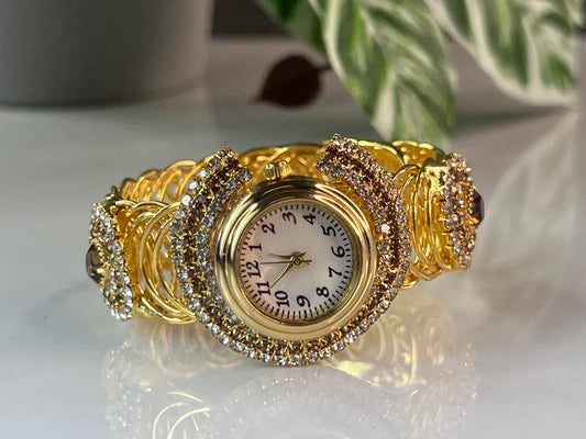 Gold Plated Round Dial Stone Embedded Watch For Women And Girls