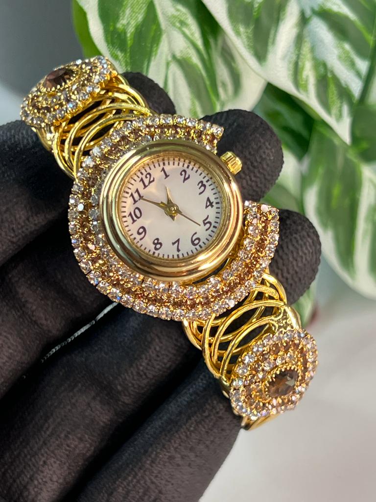 Gold Plated Round Dial Stone Embedded Watch For Women And Girls