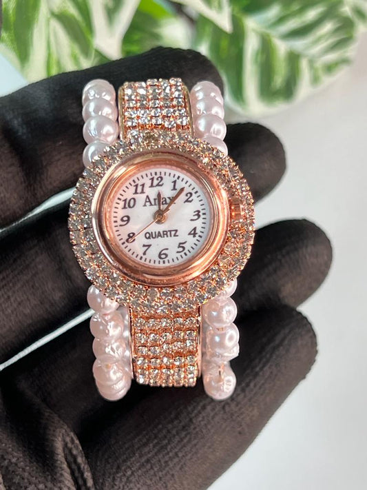 Rose Gold And White Stone Embedded Watch For Women And Girls