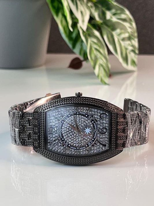 Black Colour Square Dial Stone Embedded Analog Watch For Men