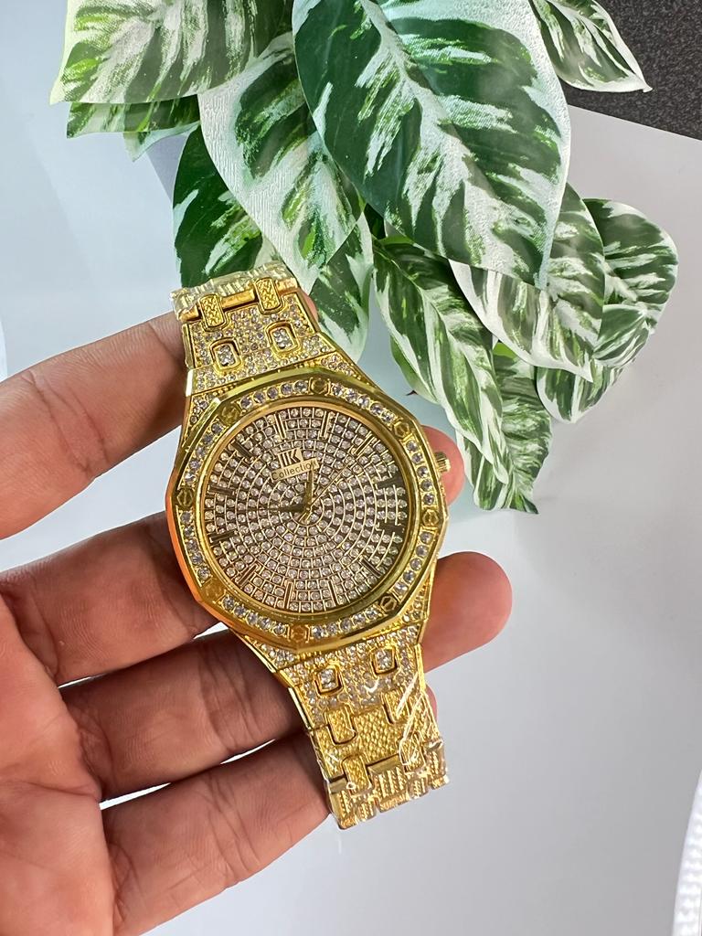 Gold Round Dial Stone Embedded Analog Watch For Men