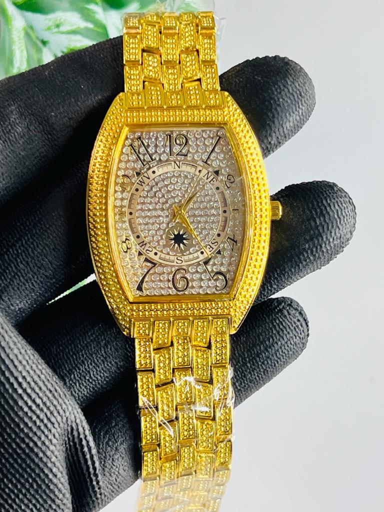 Gold Plated Stone Embedded Luxurious Analog Watch For Men