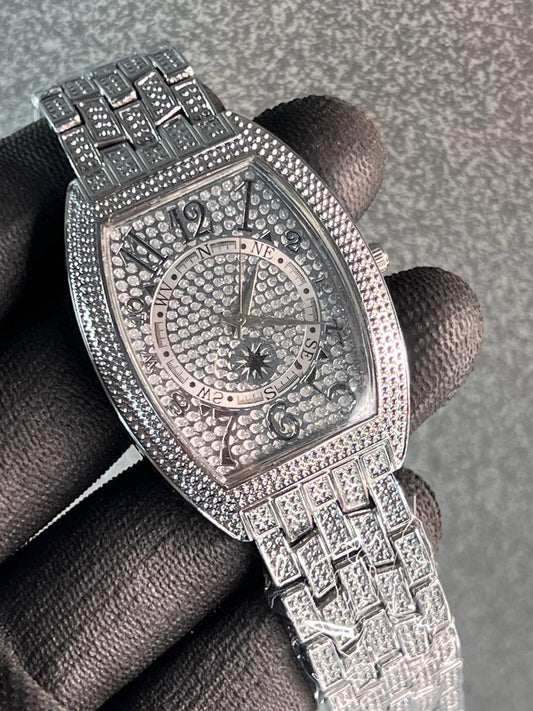 Silver Colour Square Dial Stone Embedded Analog Watch For Men