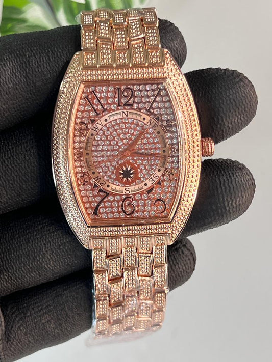 Rose Gold Plated Square Dial Stone Embedded Analog Watch For Men