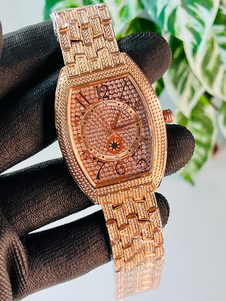 Rose Gold Plated Square Dial Stone Embedded Analog Watch For Men