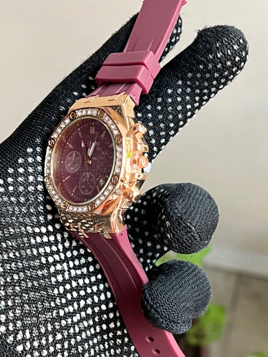 Pink Dial Stone Embedded Pink Silicon Straps Analog Watch For Women