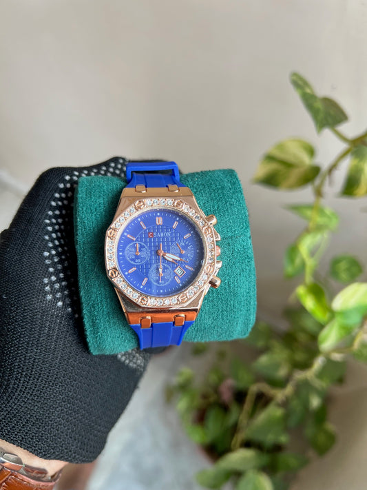 Rose Gold Plated Stone Embedded Blue Silicon Strapes Classsic Watch For Men