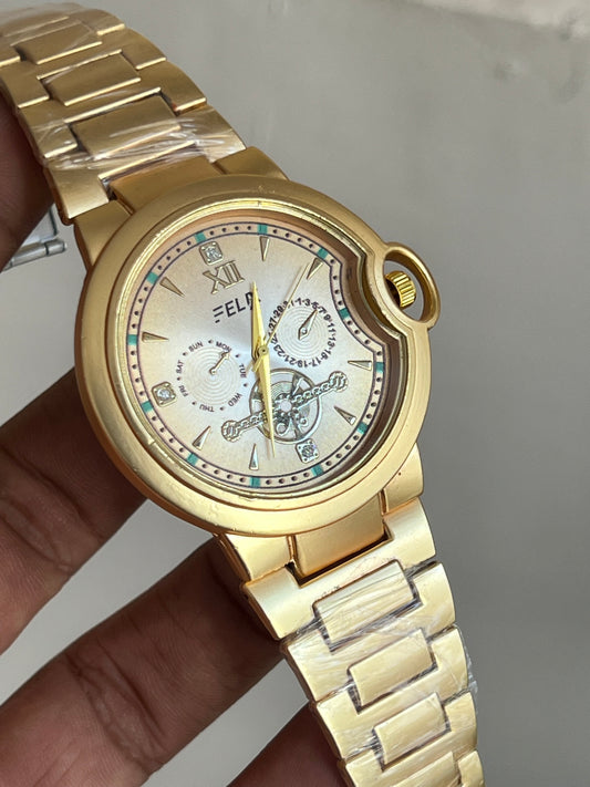 Gold Plated Round Dial Stainless Steel Strap Watch For Men