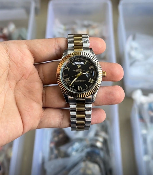 Black And Gold Dial Day Date Bracelet Watch For Men