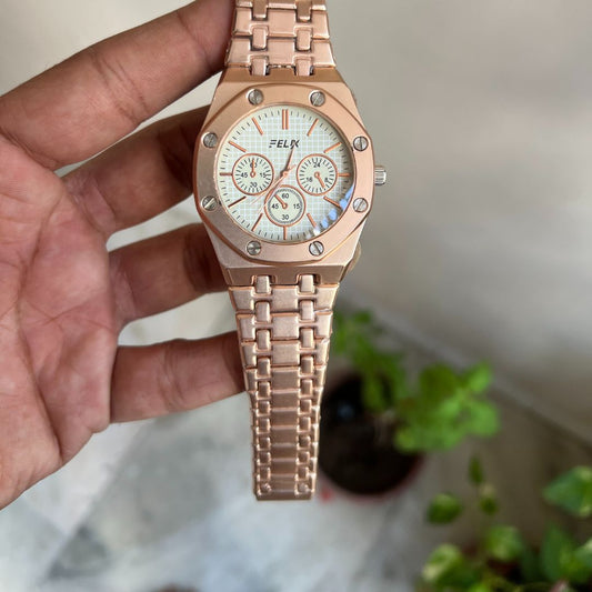 Rose Gold Plated Arabic Dial Stainless Steel Straps Classic Watch For Men