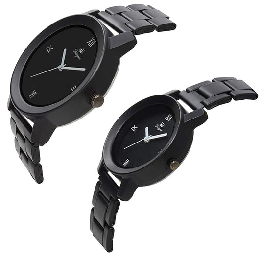 Analogue Round Black Dial Steel Belt Couple Watch