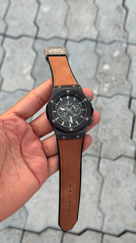 Hub_lot Black Brown Dial Analog Open Heart Leather Watch For men