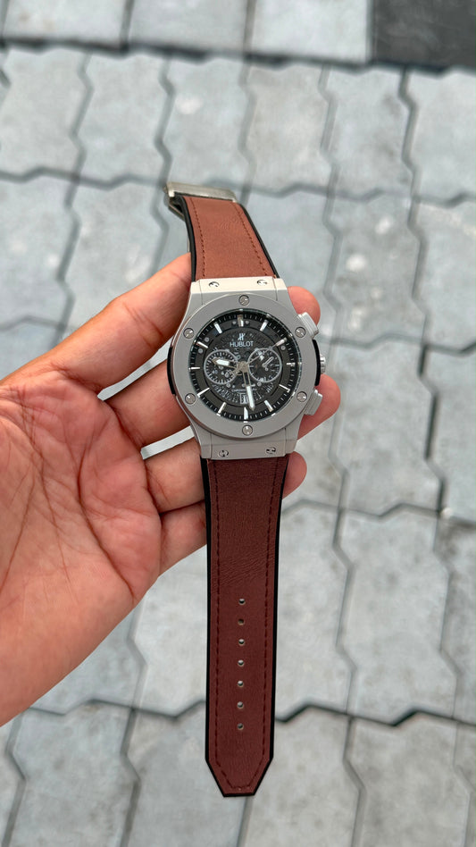 Hub_lot Silver Brown Dial Analog Open Heart Leather Watch For men