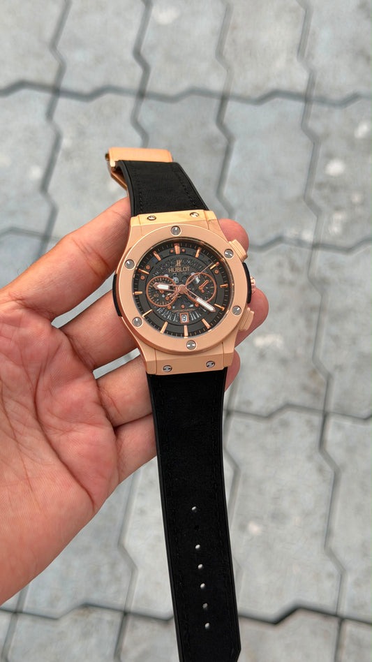 Hub_lot Copper Black Dial Analog Open Heart Leather Watch For men