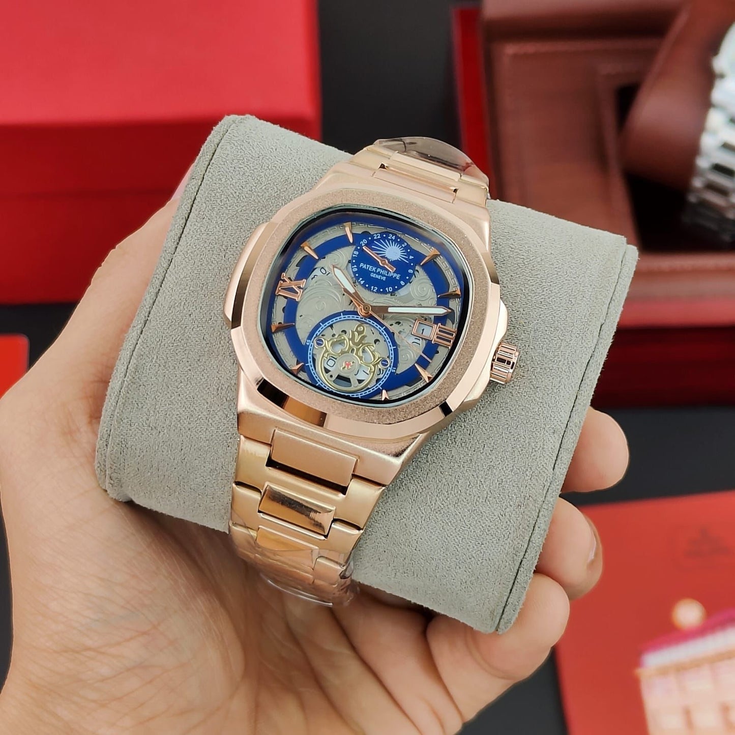 PATEK PHI_LIPPE WRIST WATCH A DARK GREDIANT DIAL WITH DATE WINDOW