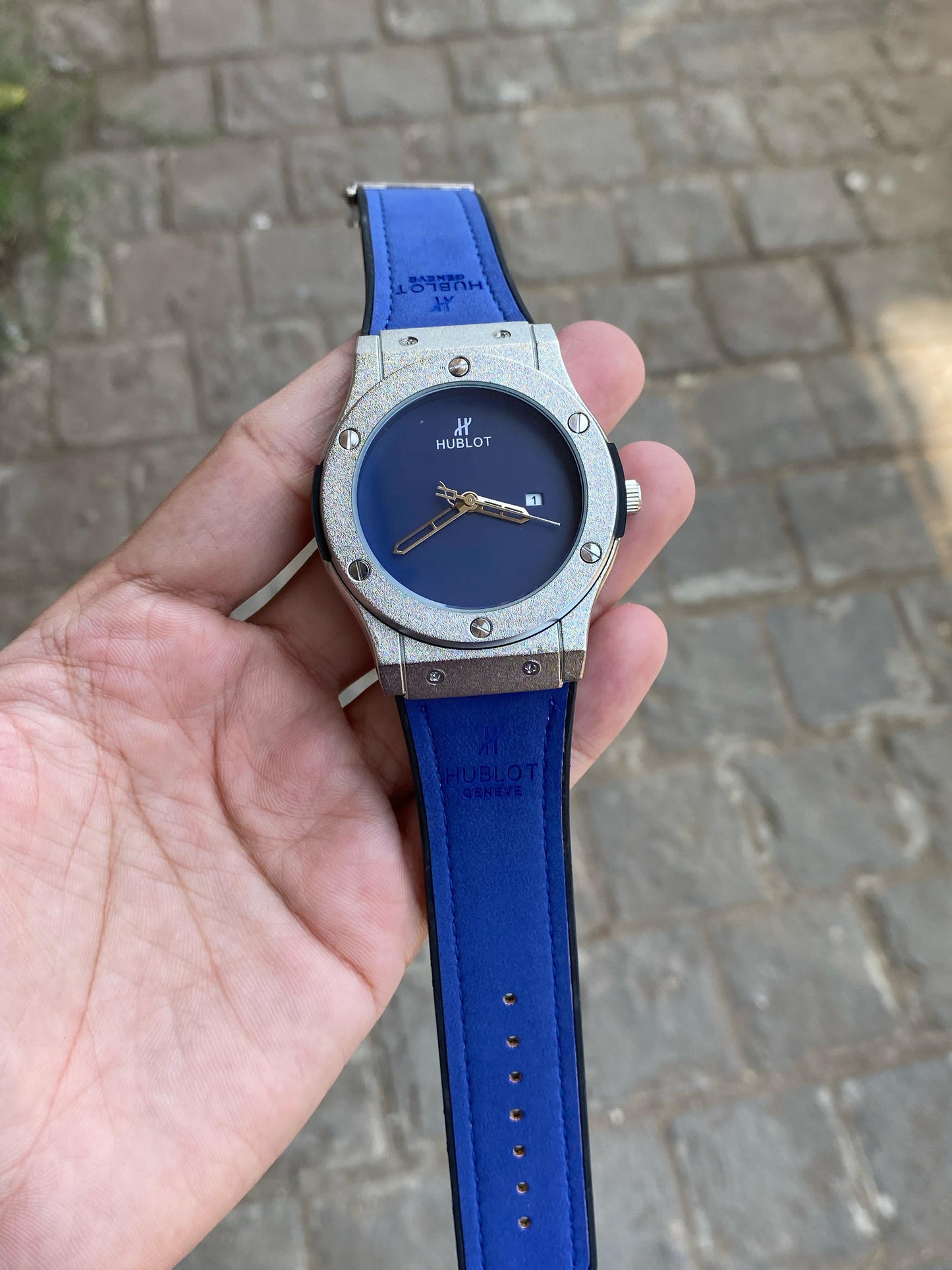 Blue silver case premium leather strap bigbang watch for men