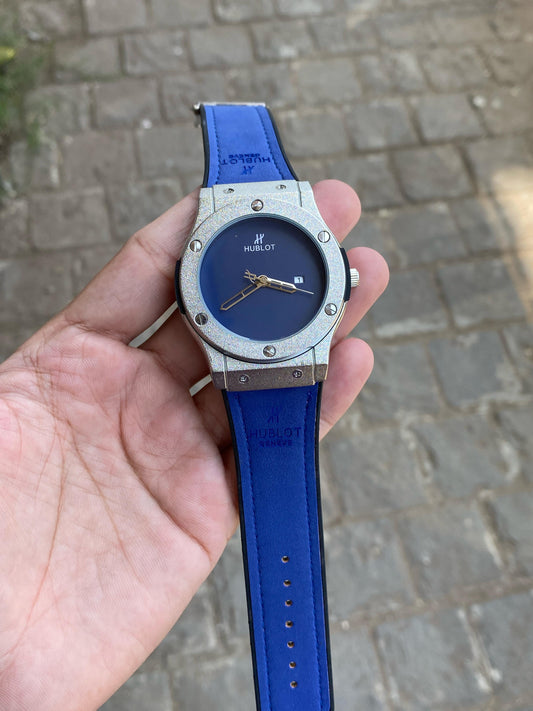 Blue silver case premium leather strap bigbang watch for men