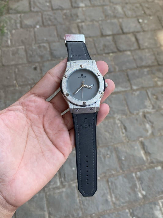 Grey silver case premium leather strap bigbang watch for men
