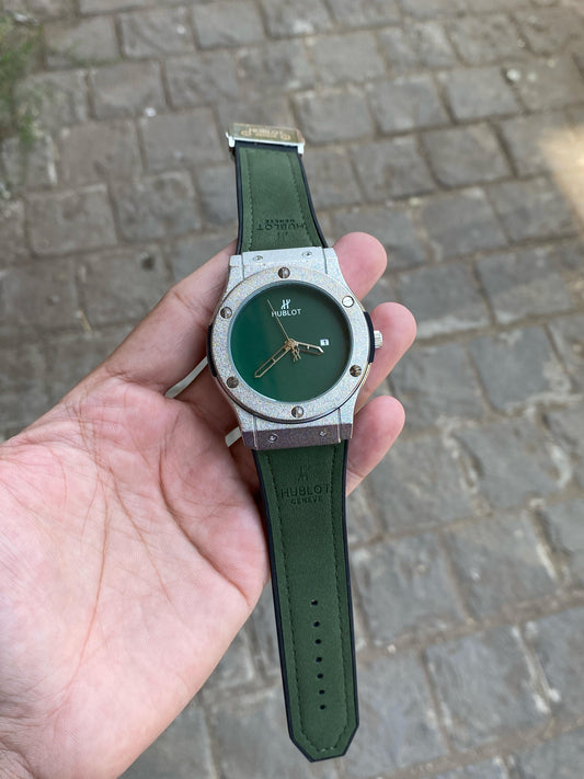 Green silver case premium leather strap bigbang watch for men
