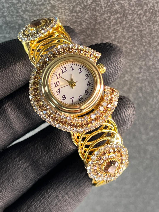 Gold Plated Round Dial Stone Embedded Watch For Women And Girls