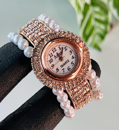 Rose Gold And White Stone Embedded Watch For Women And Girls