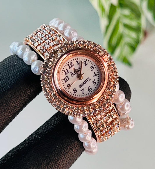 Rose Gold And White Stone Embedded Watch For Women And Girls