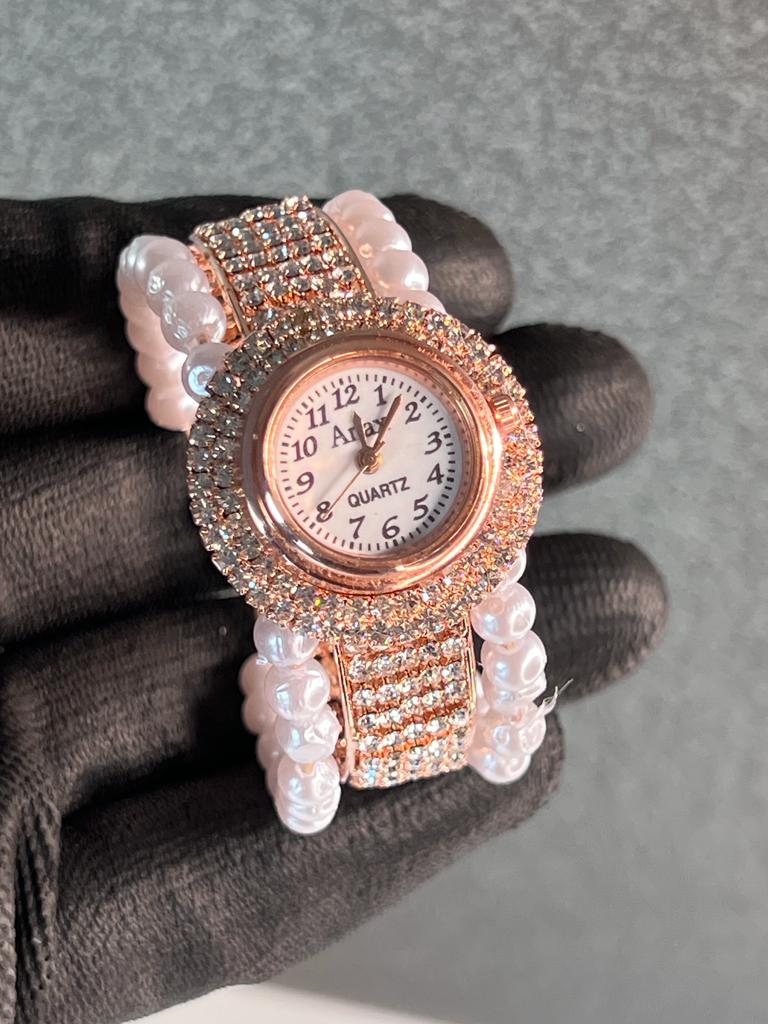 Rose Gold And White Stone Embedded Watch For Women And Girls