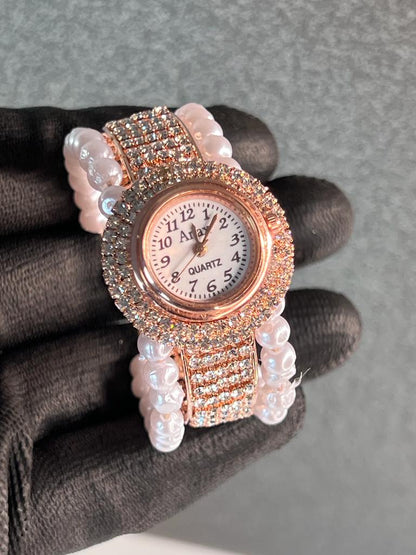 Rose Gold And White Stone Embedded Watch For Women And Girls
