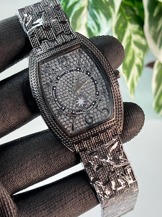 Black Colour Square Dial Stone Embedded Analog Watch For Men