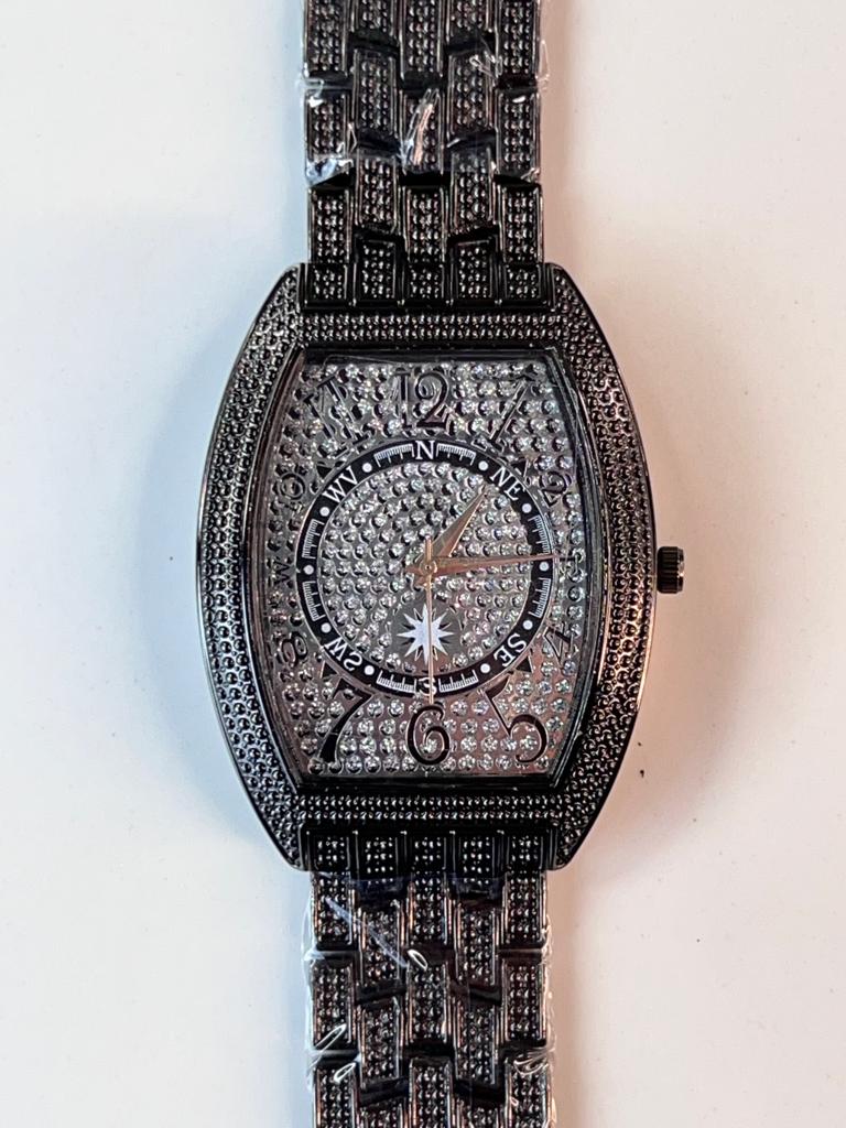 Black Colour Square Dial Stone Embedded Analog Watch For Men