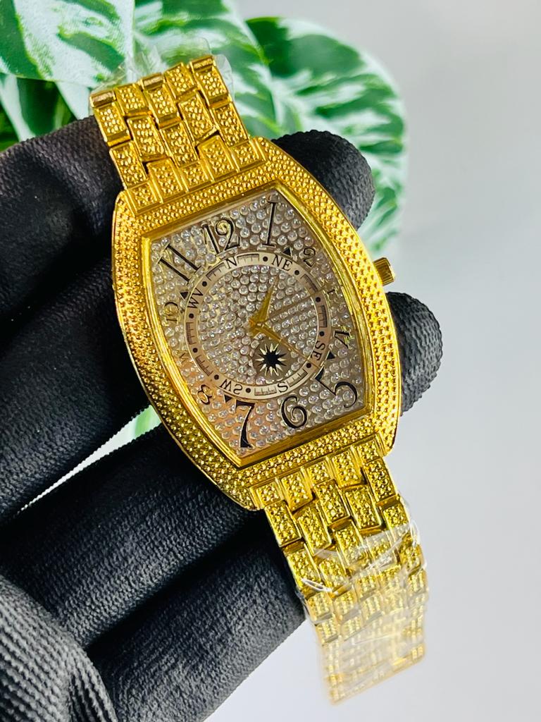 Gold Plated Stone Embedded Luxurious Analog Watch For Men