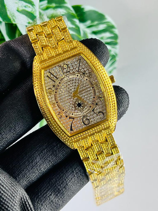 Gold Plated Stone Embedded Luxurious Analog Watch For Men
