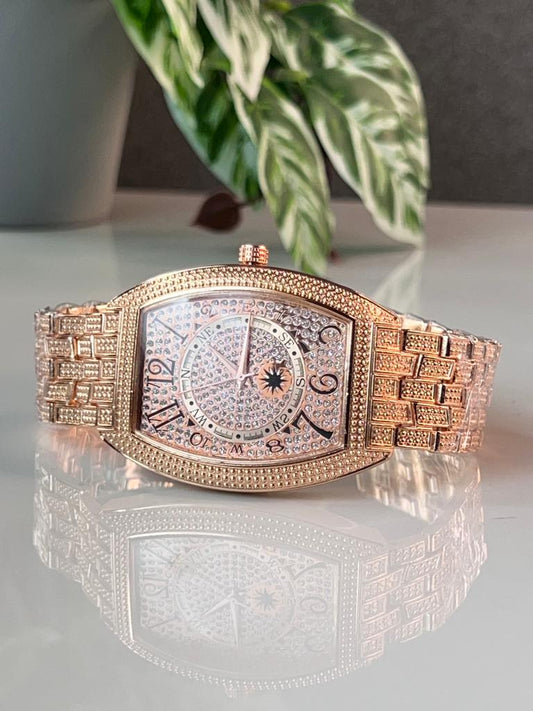 Rose Gold Plated Square Dial Stone Embedded Analog Watch For Men