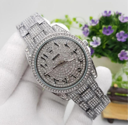 Silver Colour Stone Embedded Arabic Dial Watch For Men