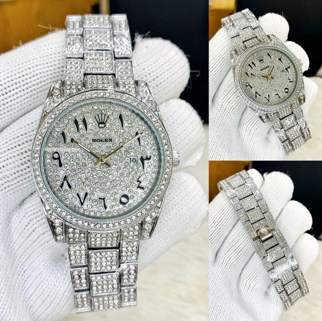 Silver Colour Stone Embedded Arabic Dial Watch For Men