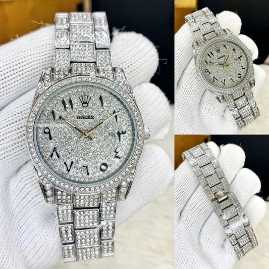 Silver Colour Stone Embedded Arabic Dial Watch For Men