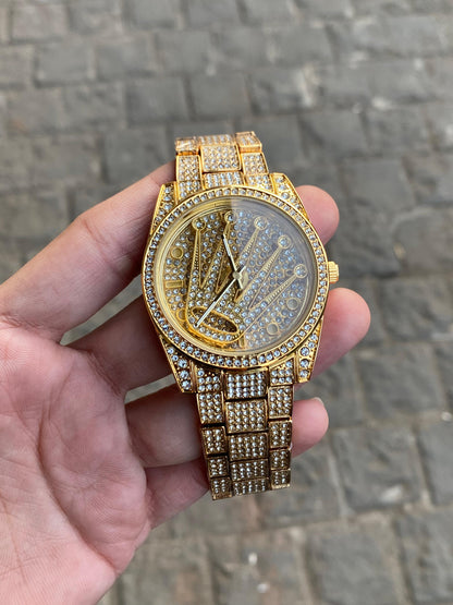Round Dial Gold Plated Stone Embedded Luxurious Watch For Men