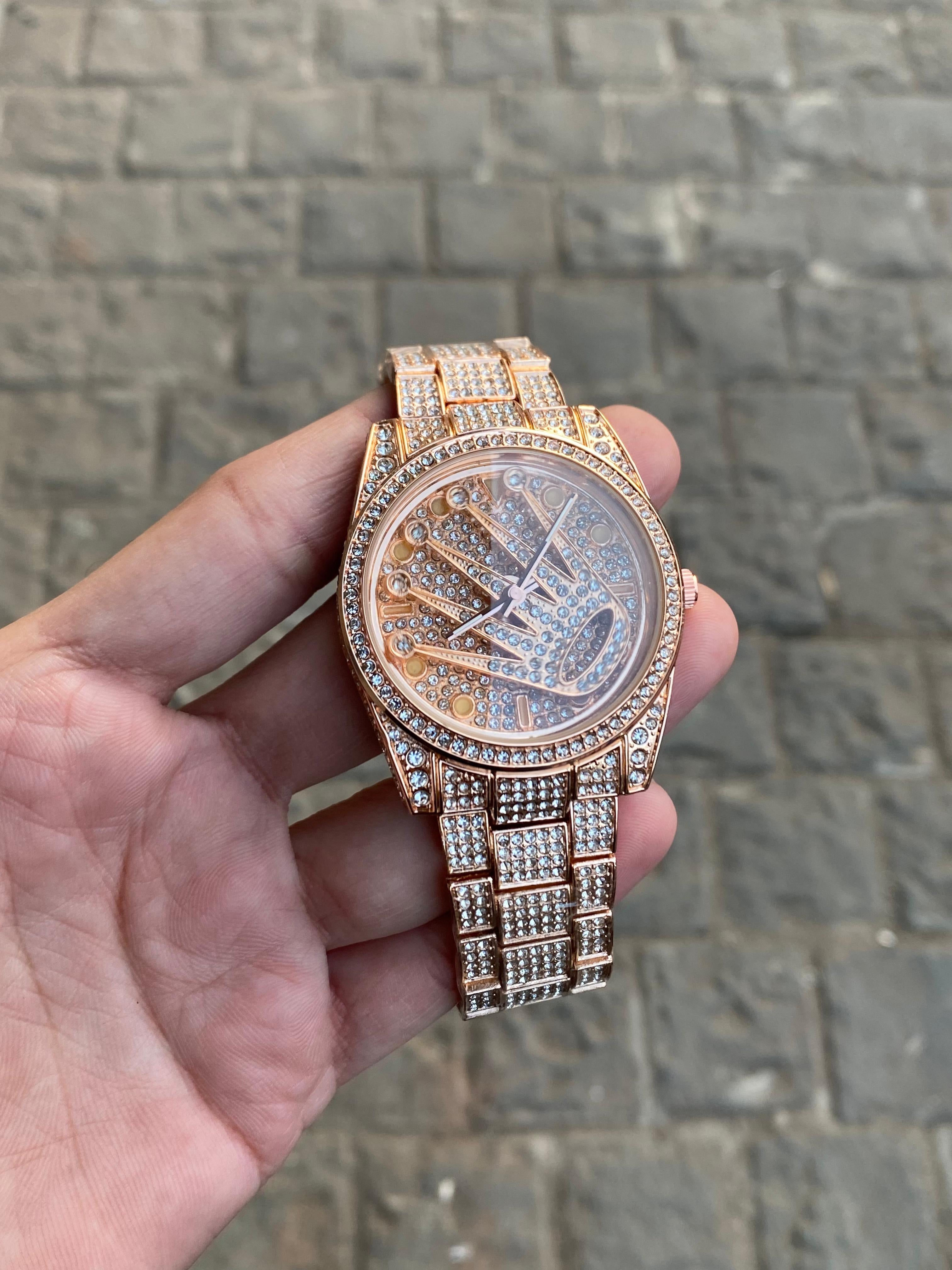 Gold Plated Stone Embedded Bracelet Style Analog Watch For Men – World ...