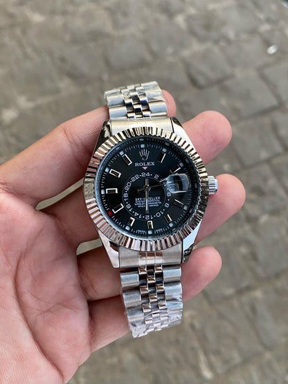 Silver Black Sky Dweller  Analog Dial Dual Tone Stainless Steel Luxurious Watch For Men
