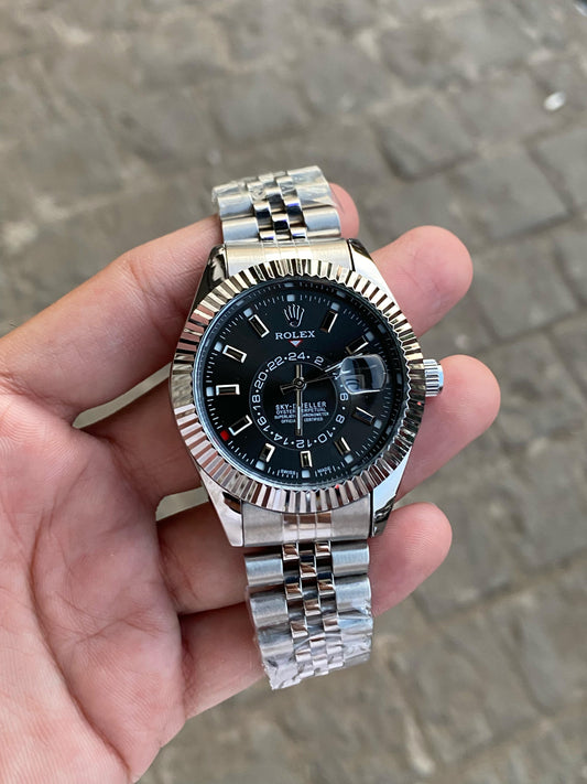 Silver Black Sky Dweller  Analog Dial Dual Tone Stainless Steel Luxurious Watch For Men