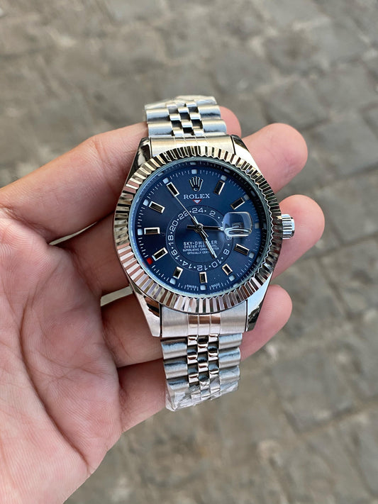 Silver Blue  Sky Dweller  Analog Dial Dual Tone Stainless Steel Luxurious Watch For Men