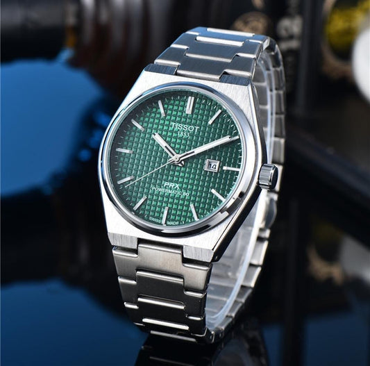 Green And Silver Stainless Steel Strapes Date Dial Watch For Men