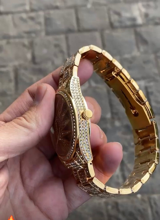 Round Dial Gold Plated Stone Embedded Luxurious Watch For Men