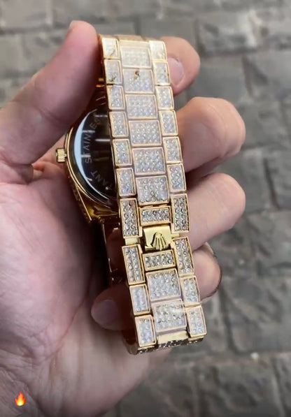 Round Dial Gold Plated Stone Embedded Luxurious Watch For Men