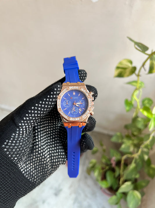 Rose Gold Plated Stone Embedded Blue Silicon Strapes Classsic Watch For Men