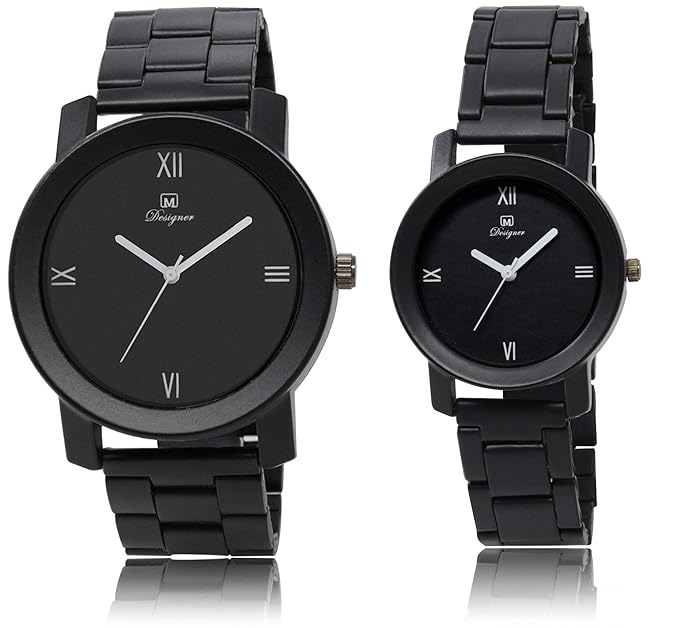 Analogue Round Black Dial Steel Belt Couple Watch